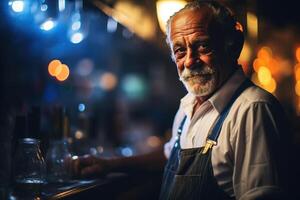 ai generato barista anziano esperto uomo nel un grembiule in piedi nel un' pub a bar contatore e guardare a telecamera, copia spazio foto