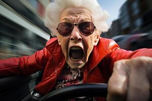 ai generato divertente urlando vecchio donna guida un' motociclo, equitazione veloce nel il città, davanti Visualizza ritratto foto