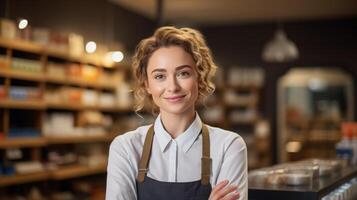 ai generato imprenditore o fiducioso sorridente donna d'affari proprietario di Al dettaglio memorizzare Pasticcino negozio foto