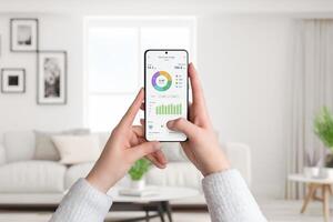 donna detiene smartphone con elettricità uso app, monitoraggio e analizzando consumo per inteligente casa. vivente camera sfondo. concetto di energia efficienza foto