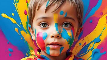 ai generato celebrazione di holi Festival giorno colorato illustrazione di un' bambino coperto nel dipingere foto