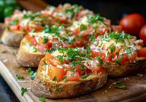 ai generato Bruschetta, tradizionale italiano piatto con fresco sapori e molto popolare nel Italia. foto