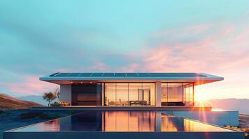 ai generato moderno eco-friendly Casa con solare pannelli su il tetto foto