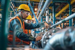 ai generato chimico industria fabbrica lavoratori controllo tubi e macchine a raffineria indossare uniforme e difficile cappello foto