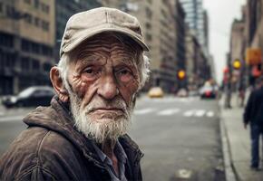 ai generato senza casa vecchio uomo su un' città strada. foto