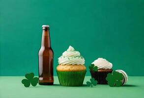 ai generato st Patrick giorno cupcakes e birra foto