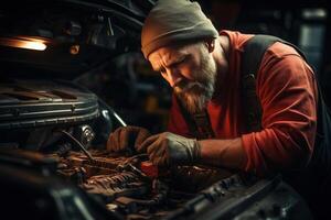 ai generato un adulto maschio meccanico è riparazione un' auto nel un' box auto. auto servizio foto