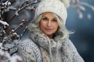 ai generato Da donna inverno moda, ritratto di un' bellissimo di mezza età donna nel un' caldo a maglia maglione e cappello nel natura. allegro anziano donna modello nel nevoso foresta foto