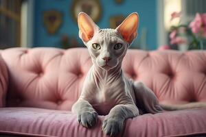 ai generato elegante arrogante calma sphynx gatto riposo su un' rosa divano in casa foto