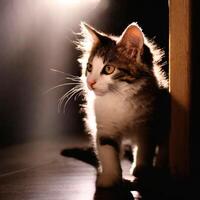 ai generato adorabile gattino osservando con luce del sole raggi illuminante esso foto