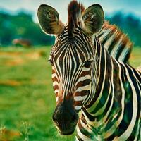 ai generato bellissimo zebra nel un' coperto d'erba campo, avvicinamento foto