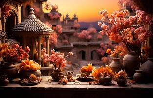 ai generato Visualizza di bellissimo fiori e vasi di diverso colori per decorare il Casa su un' tavolo foto