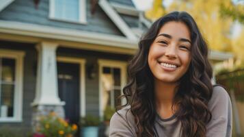 ai generato orgoglioso casa proprietario donna sensazione contento in piedi nel davanti di sua nuovo casa, in movimento nel e vero tenuta concetto foto