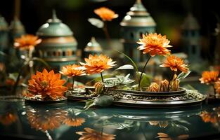 ai generato Visualizza di bellissimo fiori e vasi di diverso colori per decorare il Casa su un' tavolo foto
