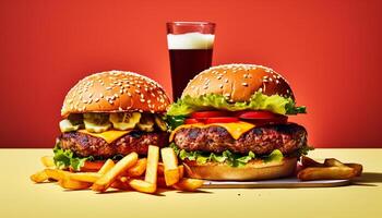 ai generato un' buongustaio hamburger al formaggio pasto con grigliato carne e fresco patatine fritte generato di ai foto