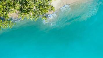 aereo superiore Visualizza di estate bianca sabbia spiaggia con un' acqua onda sfondo -estate viaggio concetto foto