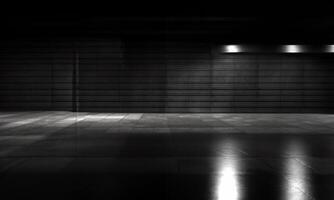 vuoto spazio di parcheggio mattoni cemento pavimento con grigio colore rotolamento otturatore porta sfondo nel 3d illustrazione. foto