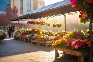 ai generato fiore mercato su il soleggiato strada di il città - vivere tagliare mazzi di fiori siamo venduto su all'aperto bancarelle. ai generato foto