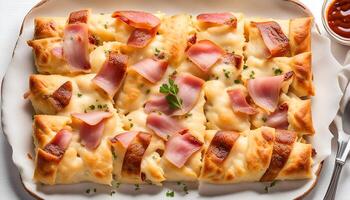 ai generato fatti in casa croziflette fatto con Bacon, prosciutto, formaggio, crema foto