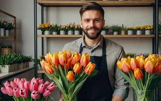 ai generato uomo fioraio raccoglie un' mazzo di tulipani - fresco tagliare fiori nel scatole e vasi nel un' magazzino e cremagliere per saldi, consegna per il vacanza. molla, marzo 8, Da donna giorno, compleanno foto