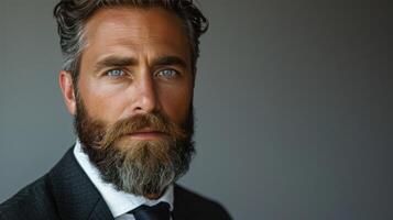 ai generato uomo con barba indossare completo da uomo e cravatta foto