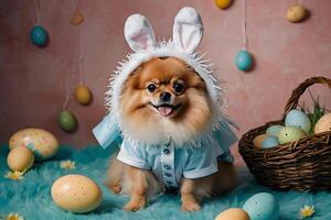 ai generato dai capelli rossi Tedesco volpino cane vestito come un Pasqua coniglietto con coniglio orecchie su un Pasqua sfondo con colorato uova e un' cestino. cane moda, animale vestiario, fantasia vestito per cani. foto
