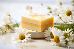 ai generato camomilla sapone. fatto a mano sapone con camomilla fiori. naturale sapone foto