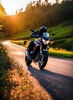 ai generato motociclista equitazione un' motociclo su un' nazione strada a tramonto. ai generativo foto