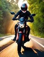 ai generato motociclista equitazione un' motociclo su un' nazione strada a tramonto. ai generativo foto
