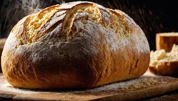 ai generato appena al forno pane con sesamo semi su un' di legno tavola. ai generativo foto