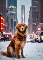 ai generato carino nova scozia anatra rintocchi cane da riporto cane seduta su un' nevoso strada. ai generativo foto