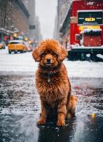 ai generato carino nova scozia anatra rintocchi cane da riporto cane seduta su un' nevoso strada. ai generativo foto