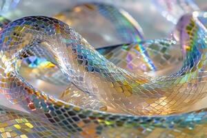 ai generato olografia metallico sfondo pelle di serpente modello splendente con un' neon incandescenza. leggero e lussuoso sfondo per un' nuovo anni bandiera simboleggiante il anno di il serpente foto