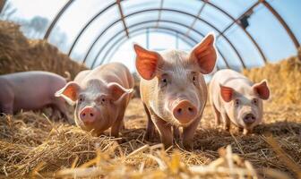 ai generato suinetti nel un' azienda agricola penna - agricolo bestiame fotografia foto