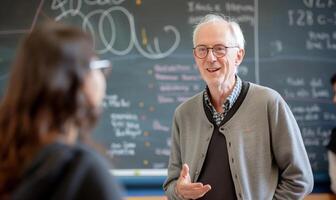 ai generato impegnato anziano professoressa nel discussione con un' maschio alunno nel aula ambientazione foto