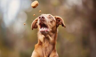 ai generato divertito cane tentando per catturare volante biscotti - umoristico animale domestico fotografia foto
