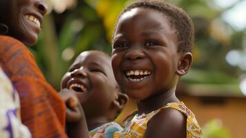 ai generato commovente famiglia risata - africano madre con bambini godendo un' contento momento insieme foto