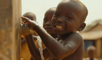 ai generato gioioso bambino disegno fresco acqua a partire dal un' rubinetto nel un' rurale villaggio ambientazione foto