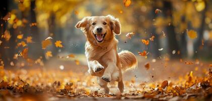 ai generato contento d'oro cane da riporto giocando nel autunno le foglie foto