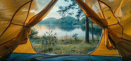 ai generato mattina Visualizza a partire dal dentro un' tenda nel un' tranquillo, calmo prato foto