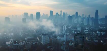 ai generato nebbioso Alba al di sopra di il urbano orizzonte foto