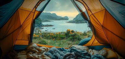 ai generato mattina Visualizza a partire dal dentro un' tenda nel un' tranquillo, calmo prato foto