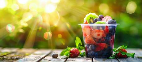 ai generato un' plastica tazza con mescolare di fresco frutta. sano bevande concetto sfondo foto