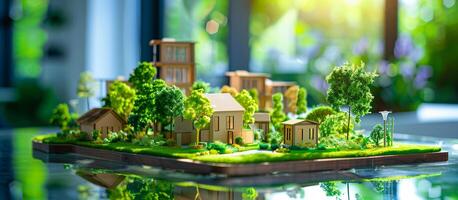 ai generato di legno miniatura Casa e edificio con alberi per verde vero tenuta concetto foto