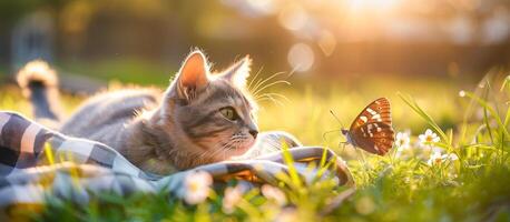 ai generato gatto su giardino parco primavera estate concetto sfondo foto