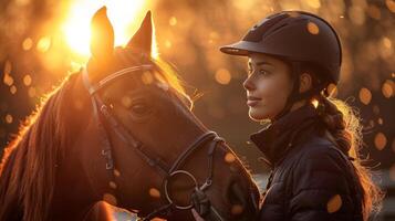 ai generato donna in piedi Il prossimo per Marrone cavallo foto