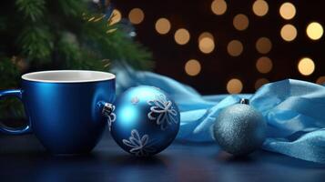 ai generato su il tavolo bugie un' blu caffè tazza, accompagnato di un' Natale ornamento. foto