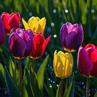 ai generato incredibilmente bellissimo multicolore tulipani nel il notte prato foto
