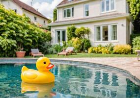 ai generato giallo gomma da cancellare anatra nel il acqua nel il piscina nel il Giardino dietro la casa di un' bellissimo casa. morbido luce del giorno. foto