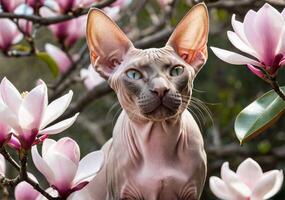 ai generato bellissimo carino sphynx gatto felicemente annusando un' magnolia albero. un' chiaro, soleggiato giorno. caldo primavera tempo atmosferico. ritratto, avvicinamento. foto